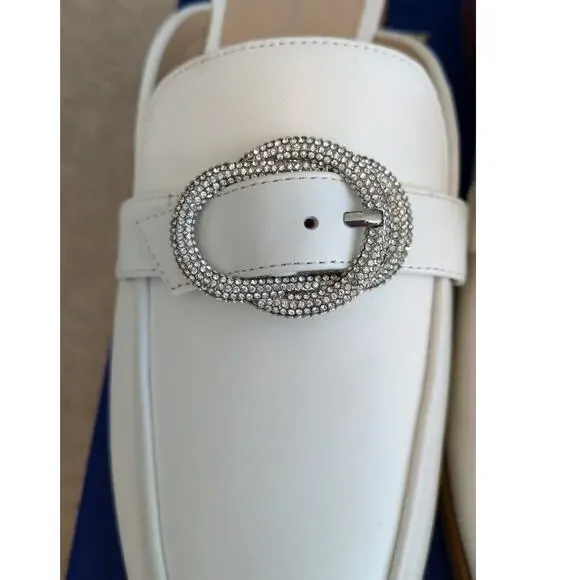 Stuart Weitzman White Crystal Buckle Leather Mules - Picture 2 of 8
